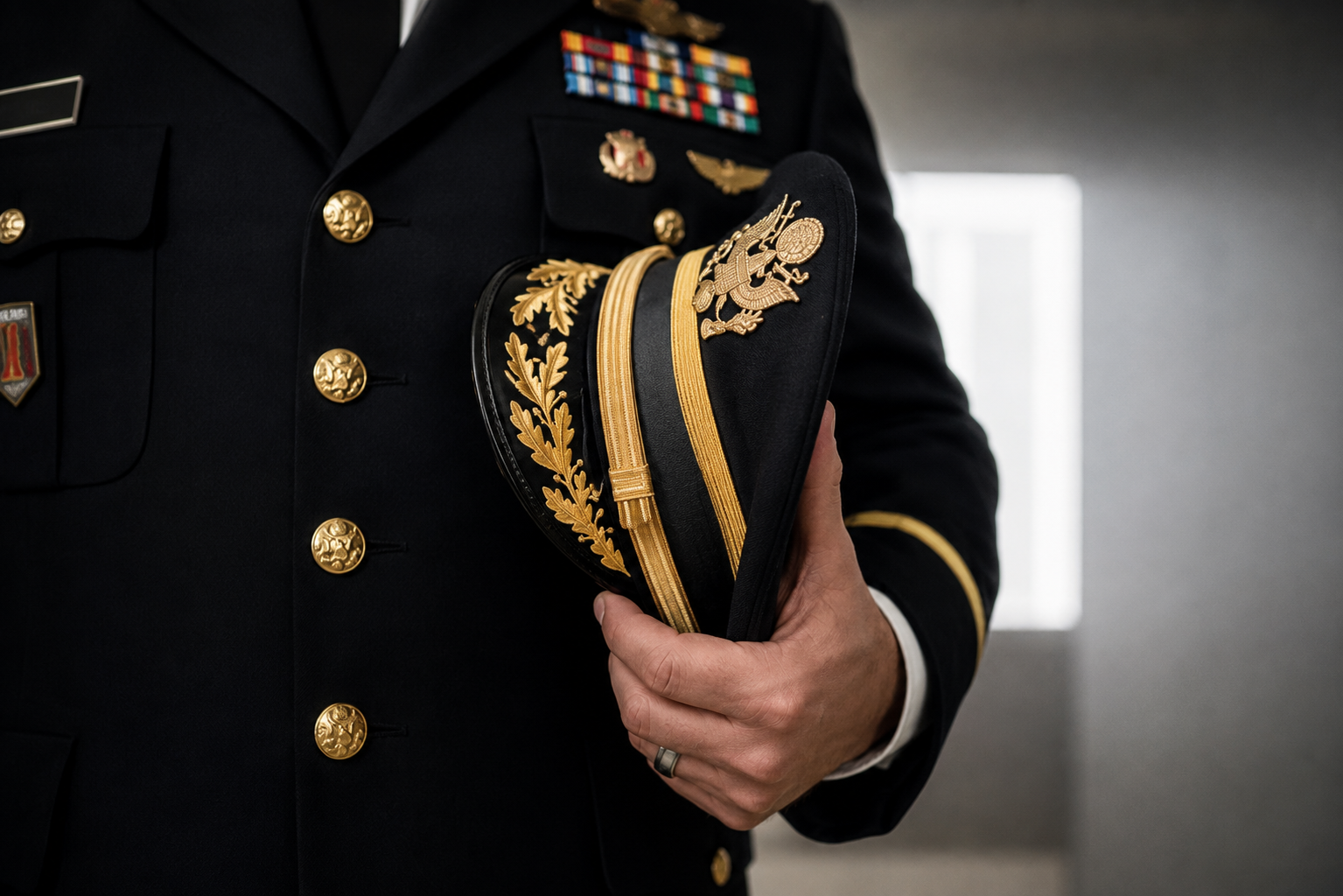 Gold braid, bullion trim, and ceremonial buttons arranged on a dark dress tunic during finishing